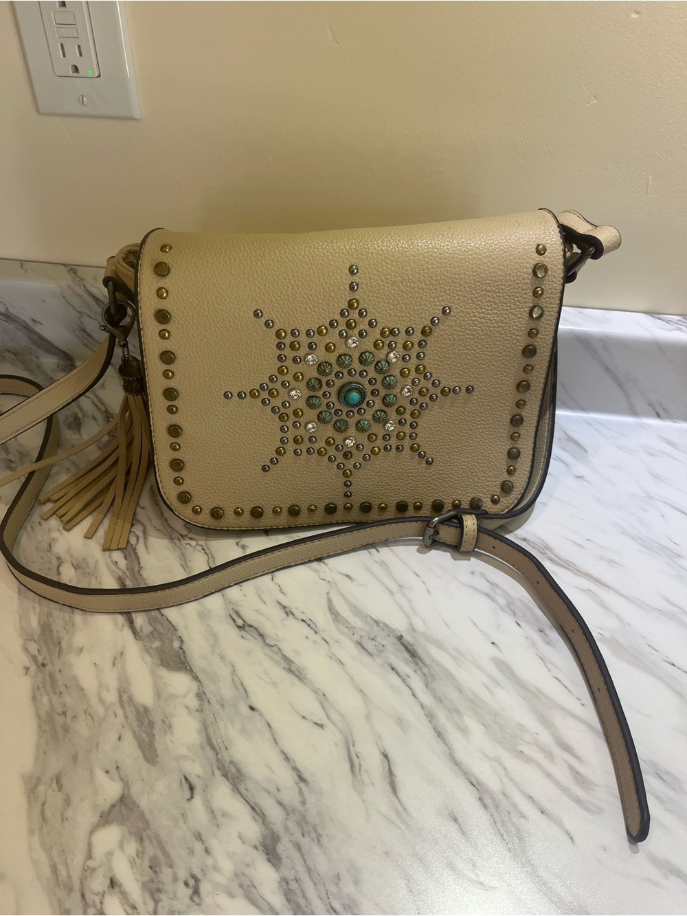 Montana West Beige Crossbody with Turquoise Stud Accent